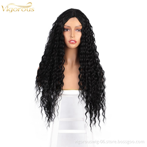 New Desinge Natural Color Hairline High Quality Machine Made Fiber Deep Curly Black Long Cheap Synthetic Hair Wigs